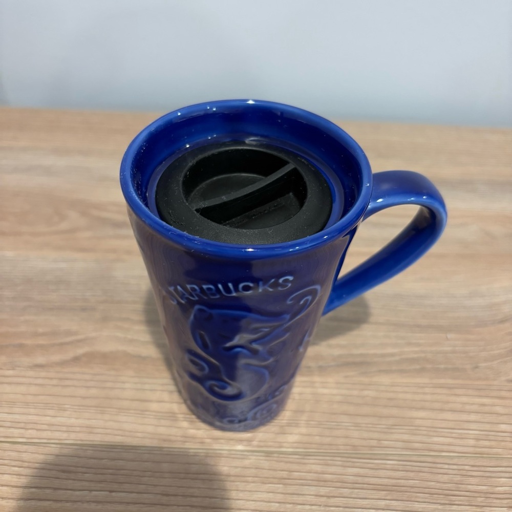 Starbucks Cobalt Blue Siren Mermaid Tall Coffee  Travel‎ Mug. Ceramic Cup w/Lid